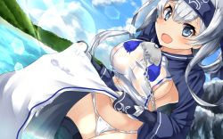 10s 1girl ainu_clothes bad_id bad_pixiv_id black_thighhighs blue_eyes bubble cropped_jacket dutch_angle folded_ponytail fundoshi hadron9 headband japanese_clothes kamoi_(kancolle) kantai_collection lens_flare long_hair long_sleeves looking_at_viewer open_mouth sidelocks solo suggestive_fluid thighhighs white_hair wrist_guards rating:Questionable score:7 user:danbooru