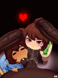 2girls 3boys androgynous ass bent_over black_eyes blush brown_hair chara_(undertale) cum cum_on_hair dark-skinned_male dark_skin fellatio frisk_(undertale) heart highres interracial jlullaby kneeling large_penis looking_at_viewer multiple_boys multiple_girls oral penis penis_on_head red_eyes saliva short_hair shorts snot sweat testicle_sucking thick_thighs thighs uncensored undertale rating:Explicit score:339 user:redlight1