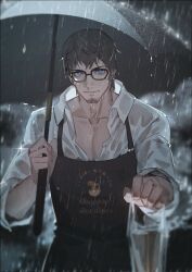  1boy apron ardbert_hylfyst beard_stubble bespectacled black-framed_eyewear black_apron blue_eyes blue_umbrella brown_hair closed_mouth collarbone collared_shirt cowboy_shot facial_hair final_fantasy final_fantasy_xiv glasses highres holding holding_umbrella long_sleeves looking_at_viewer male_focus outdoors outstretched_hand pectoral_cleavage pectorals rain reaching reaching_towards_viewer shirt short_hair shuangbatian smile solo stubble thick_eyebrows umbrella wet white_shirt white_sleeves 