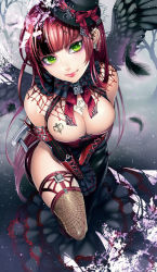 1girl black_wings breasts cleavage eye_contact eyelashes eyeshadow feathered_wings frills goth_fashion green_eyes hat large_breasts lips lipstick lock long_hair looking_at_another looking_at_viewer makeup matsurika_youko original padlock print_thighhighs red_hair red_lips smile solo thick_lips thighhighs thighs v_arms wings rating:Sensitive score:41 user:danbooru