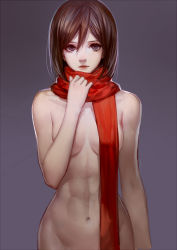1girl abs ask_(askzy) black_eyes black_hair breasts breasts_apart censored convenient_censoring expressionless female_focus hair_between_eyes highres hip_focus lips looking_at_viewer medium_breasts mikasa_ackerman naked_scarf navel nude out-of-frame_censoring purple_background red_scarf scarf scarf_over_breasts shingeki_no_kyojin short_hair simple_background solo standing rating:Questionable score:137 user:danbooru