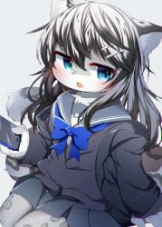 1girl absurdres animal_ear_fluff blue_bow blue_bowtie blush bow bowtie child fang furry furry_female hair_between_eyes highres holding holding_phone ne_(nefuraito336) open_mouth phone solo  rating:Sensitive score:1 user:SexyCircusBaby