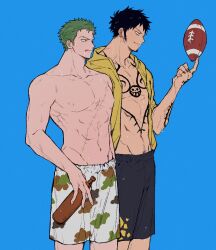  2boys adam&#039;s_apple american_football_(object) arm_tattoo balancing_on_finger ball bare_pectorals black_hair black_male_swimwear blue_background bottle broad_shoulders chest_tattoo collarbone earrings facial_hair fingernails goatee green_hair holding holding_bottle jacket jewelry licking_lips long_sideburns looking_ahead male_focus male_swimwear multiple_boys navel nipples one_piece pectorals print_male_swimwear pubic_hair pubic_hair_peek roronoa_zoro short_hair sideburns small_head smile swim_trunks tattoo thick_neck tong_noe tongue tongue_out topless_male trafalgar_law veins veiny_arms wet wet_hair yellow_jacket 