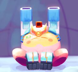  absurdres battery battery_indicator charging_device closed_eyes closed_mouth copy_ability deleca7755 energy grey_background highres kirby kirby&#039;s_return_to_dream_land_deluxe kirby_(series) mecha_kirby nintendo no_humans pixiv_id pixiv_username relaxing shadow sitting sleeping smile solo white_background 