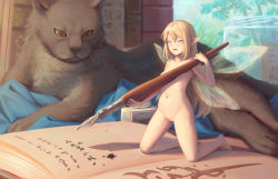  1girl bigrbear blonde_hair blue_eyes book breasts cat cleft_of_venus completely_nude fairy fairy_wings highres holding holding_pen ink kneeling loli long_hair mini_person minigirl nipples nude nudist open_mouth original pen pointy_ears pussy small_breasts uncensored wings  rating:Explicit score:285 user:danbooru