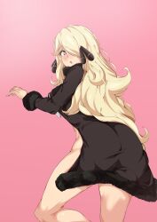  1girl absurdres ass bare_legs black_coat blonde_hair blush breasts coat creatures_(company) cynthia_(pokemon) eyebrows eyelashes feet_out_of_frame feet_up female_focus from_behind game_freak hair_over_one_eye hand_up highres kosstary large_breasts leaning_forward long_hair looking_at_viewer looking_back matching_hair/eyes nintendo no_panties pink_background pokemon pokemon_dppt simple_background solo standing surprised yellow_eyes 
