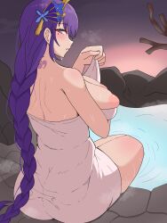  1girl absurdres areola_slip ass back blush breasts chaseart cleavage commission commissioner_upload flower genshin_impact hair_flower hair_ornament highres large_breasts long_braid long_hair looking_at_viewer looking_back naked_towel non-web_source onsen parted_lips partially_submerged purple_eyes purple_hair raiden_shogun solo steam sweat towel tree very_long_hair 