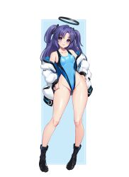  1girl absurdres alternate_costume black_footwear blue_archive blue_eyes blue_jacket blue_one-piece_swimsuit boots breasts collarbone competition_swimsuit covered_navel full_body halo highleg highleg_swimsuit highres jacket jacket_partially_removed long_hair long_legs long_sleeves looking_at_viewer mechanical_halo medium_breasts one-piece_swimsuit parted_bangs purple_hair solo standing swimsuit swimsuit_under_clothes toriseru_(rare_stone) two-sided_fabric two-sided_jacket two_side_up white_jacket yuuka_(blue_archive) 