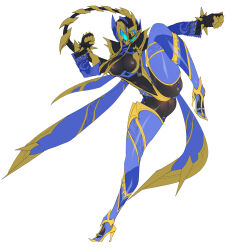  1girl absurdres armor ass black_bodysuit blue_eyes blue_scarf bodysuit boots bracelet breasts catball1994 clenched_hands cobra_(animal) covered_navel fighting_stance gluteal_fold gold_armor high_heel_boots high_heels highres jewelry kamen_rider kamen_rider_invincible_jeanne kamen_rider_jeanne kamen_rider_revice king_cobra_genome large_breasts leg_up martial_arts mask medium_breasts navel pointy_ears ponytail scarf simple_background spiked_bracelet spikes standing standing_on_one_leg stylistic thigh_boots thighs white_background  rating:Sensitive score:21 user:danbooru
