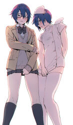  2boys backlighting black_nails blue_eyes blue_hair blush commentary_request covering_privates crossdressing embarrassed fake_wings glasses hair_between_eyes hat highres kaito_(vocaloid) kneehighs looking_at_viewer male_focus mini_wings multiple_boys nurse nurse_cap open_mouth pleated_skirt project_sekai school_uniform sentea short_hair skirt socks standing tearing_up thighhighs trap vocaloid white_background white_thighhighs wings 