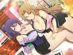 2girls bare_shoulders blonde_hair breasts cleavage daidouji_(senran_kagura) desk glasses hand_on_another&#039;s_thigh highres large_breasts lingerie looking_at_viewer mole mole_on_breast mole_under_eye multiple_girls office_lady on_desk pencil_skirt purple_hair red_eyes senran_kagura sitting on_desk skirt rin_(senran_kagura) thighs underwear watch yaegashi_nan rating:Sensitive score:134 user:Lights_out