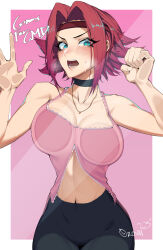  1girl against_glass artist_name bare_shoulders black_leggings blue_eyes blush border breasts cleavage code_geass commentary commission english_commentary hair_intakes headband highres kouzuki_kallen large_breasts leggings looking_at_viewer midriff navel open_mouth orouu pink_background pink_tank_top red_headband short_hair simple_background solo tank_top white_border  rating:Sensitive score:38 user:danbooru