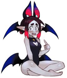 1girl animal_ears bat_ears bat_wings bite_mark black_eyes black_hair blush braid breasts cleavage cleavage_cutout clothing_cutout colored_skin eleanor_(justadrian) fangs hair_bun highres jewelry justadrian_(yoadriandk) leotard multicolored_hair open_mouth original pointing pointing_at_self pointy_ears red_hair short_hair simple_background thick_eyebrows two-tone_hair vampire wings 