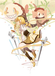 1girl absurdres beret blonde_hair boots brown_corset brown_hat charlotte_(madoka_magica) corset cowlick cup drill_hair full_body gun hat high_heel_boots high_heels highres magical_girl magical_musket mahou_shoujo_madoka_magica mahou_shoujo_madoka_magica_(anime) pleated_skirt puffy_short_sleeves puffy_sleeves shirt short_sleeves skirt socks solo soul_gem striped_clothes striped_socks teacup tomoe_mami twin_drills vertical-striped_clothes vertical-striped_socks weapon white_shirt yellow_eyes yellow_skirt yume-dream