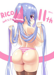  1girl ass back backboob black_thighhighs blue_hair blush breasts character_name dated hair_ribbon holding holding_hair huge_ass huge_breasts long_hair looking_at_viewer looking_back open_mouth oppai_loli original panties red_eyes ribbon riko_(shuz) shortstack shuz_(dodidu) simple_background skindentation solo striped_clothes striped_panties thighhighs topless twintails underwear underwear_only very_long_hair white_background  rating:Questionable score:181 user:danbooru