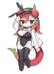  1girl :&lt; absurdres animal_ear_hairband animal_ears arm_up black_leotard black_thighhighs breasts brown_eyes chibi closed_mouth colored_tips commentary_request dragon_girl dragon_horns dragon_tail fake_animal_ears full_body green_hair hairband highres holding horns large_breasts leotard long_hair long_sleeves looking_at_viewer multicolored_hair original playboy_bunny rabbit_ear_hairband rabbit_ears red_hair red_horns sakoku_(oyatsu3ji_) shrug_(clothing) simple_background standing standing_on_one_leg tail thighhighs white_background wide_sleeves 