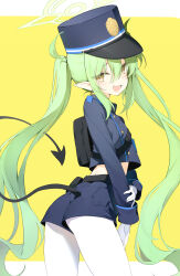  1girl absurdres ass black_hat black_jacket black_shorts black_tail blue_archive blush cowboy_shot demon_tail earrings fang gloves green_hair green_halo hair_between_eyes halo hat highres jacket jewelry long_hair long_sleeves nozomi_(blue_archive) open_mouth pantyhose peaked_cap pointy_ears rika_(mikunopantsu) shorts skin_fang smile solo tail twintails white_gloves white_pantyhose yellow_eyes 