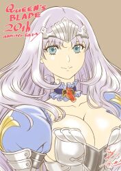  1girl annelotte armor blue_eyes breasts cleavage collarbone eiwa large_breasts long_hair purple_hair queen&#039;s_blade queen&#039;s_blade_rebellion smile 