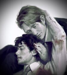  2boys absurdres arm_around_neck beard_stubble blood blood_on_clothes blood_on_hands chin_rest closed_mouth collared_shirt expressionless facial_hair formal greyscale hannibal_(tv_series) hannibal_lecter head_on_head head_rest highres knees_up lap_pillow light_smile lips long_sleeves male_focus messy_hair monochrome multiple_boys mustache_stubble necktie pants parted_lips realistic shirt short_hair simple_background sitting stubble suit thick_eyebrows upper_body vignetting wengonger white_background will_graham yaoi 