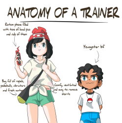  1boy 1girl age_difference anatomy_of_a_gamer_(meme) bag black_hair closed_mouth commentary creatures_(company) english_commentary english_text game_freak green_eyes highres holding looking_at_viewer meme nintendo npc_trainer onee-shota pokemon pokemon_sm selene_(pokemon) shirt short_hair short_shorts short_sleeves shorts simple_background sirah77 smile t-shirt tied_shirt white_background youngster_(pokemon) 