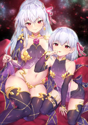  2girls absurdres armor babydoll bare_shoulders bikini_armor blush breasts cleavage closed_mouth detached_sleeves dress dual_persona earrings fate/grand_order fate_(series) flower hair_ribbon highres jewelry kama_(fate) kama_(first_ascension)_(fate) kama_(second_ascension)_(fate) large_breasts long_hair looking_at_viewer multiple_girls navel parted_lips petals purple_dress red_eyes ribbon ring shennai_misha short_hair silver_hair small_breasts smile thighhighs thighs tongue tongue_out  rating:Sensitive score:73 user:danbooru
