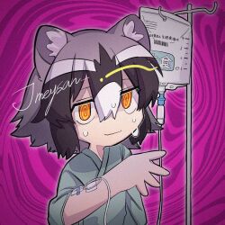  1girl @_@ animal_ear_fluff animal_ears bad_id bad_twitter_id black_hair closed_mouth commentary_request common_raccoon_(kemono_friends) extra_ears grey_hair hair_between_eyes hand_up highres hospital_gown inactive_account intravenous_drip iv_stand jmeysan kemono_friends looking_at_viewer multicolored_hair pink_background raccoon_ears short_hair smile solo sweat twitter_username upper_body wavy_mouth white_hair yellow_eyes 