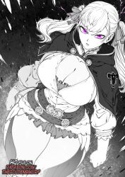  1girl bad_tag big_breasts black_clover breasts female female_focus frown frowning glaring glaring_at_viewer looking_at_viewer manga noelle_silva purple_eyes solo solo_focus thegoldensmurf thick_thighs thighs white_hair 
