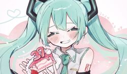  1girl 39 :d bare_shoulders birthday birthday_cake black_sleeves blue_hair blush cake closed_eyes collared_shirt dated detached_sleeves dot_nose facing_viewer floating_hair food frilled_shirt frills green_necktie grin hair_between_eyes hatsune_miku heart heart_of_string highres holding holding_plate long_hair long_sleeves miku_day naru-chan_(naruuub) necktie number_tattoo open_mouth plate shirt sidelocks sleeveless sleeveless_shirt smile solo tattoo teeth twintails vocaloid white_shirt 