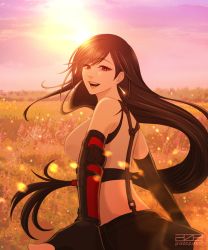  1girl absurdres azezazel bare_shoulders black_hair black_skirt breasts crop_top detached_sleeves earrings final_fantasy final_fantasy_vii final_fantasy_vii_remake highres jewelry large_breasts long_hair looking_at_viewer low-tied_long_hair open_mouth outdoors red_eyes skirt sky smile sun sunlight tank_top tifa_lockhart white_tank_top  rating:Sensitive score:11 user:danbooru