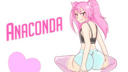  1girl :t absurdres animal_ears ass bare_shoulders blush breasts from_behind heart highres looking_at_viewer looking_back nyanaconda nyanners nyatasha_nyanners pink_hair pink_legwear short_shorts shorts simple_background skin_tight small_breasts solo squatting tagme twintails virtual_youtuber vshojo white_background  rating:Questionable score:29 user:pharaunics