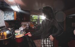  1boy absurdres black_hair black_shirt bowl ceramicnoise cooking cooking_pot food highres indoors kitchen long_sleeves male_focus original pants plaid plaid_pants plant plate potted_plant scenery shirt short_hair sink solo toaster window 