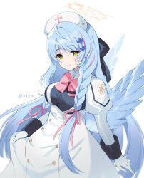  1girl blue_archive blue_hair blue_wings blush braid breasts closed_mouth dress feathered_wings gloves green_eyes halo hat highres juliet_sleeves komi_zumiko large_breasts long_hair long_sleeves looking_at_viewer mine_(blue_archive) nurse_cap puffy_sleeves simple_background smile solo twin_braids twitter_username white_background white_dress white_gloves white_hat wings yellow_halo 