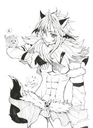  1boy :3 :p abs absurdres animal_ears animal_on_arm commentary_request contrapposto cowboy_shot ear_wings fingerless_gloves fur_collar gloves greyscale hair_between_eyes highres lanmei_jiang long_bangs looking_at_viewer male_focus monochrome muscular muscular_male navel no_nipples open_mouth pants pectorals ragnarok_online shadow_chaser_(ragnarok_online) short_hair shrug_(clothing) simple_background smile solo tail tongue tongue_out waist_cape white_background wolf wolf_boy wolf_ears wolf_tail 