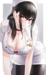 1girl bent_over black_choker black_hair black_pantyhose blush bra breasts buttons choker cleavage closed_mouth collarbone commentary_request dress hair_over_shoulder hat highres id_card kfr large_breasts leg_up long_hair looking_at_viewer mole mole_on_breast nurse nurse_cap original pantyhose purple_eyes see-through shoes short_sleeves solo sweat underwear wet wet_clothes white_bra white_dress white_footwear white_hat wing_collar rating:Questionable score:24 user:danbooru