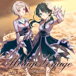 2girls absurdres album_cover arm_up armpits blue_eyes blue_hair blunt_bangs breasts collared_dress colored_inner_hair cover dark_blue_hair dress earrings grey_hair group_name hair_ornament hair_over_shoulder hairband half-sleeves hand_on_own_arm highres jewelry link!_like!_love_live! long_hair long_sleeves looking_at_viewer love_live! low_twintails mole mole_on_neck morikura_en multicolored_clothes multicolored_dress multicolored_hair multiple_girls murano_sayaka official_alternate_costume official_art pantyhose parted_lips purple_dress red_eyes red_hair shore short_hair small_breasts standing streaked_hair swept_bangs twintails white_dress white_hairband white_pantyhose yugiri_tsuzuri 