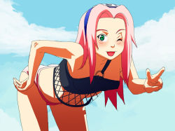  artist_request ass blush cowboy_shot green_eyes hand_on_own_hip haruno_sakura leaning_forward naruto naruto_(series) one_eye_closed open_mouth outdoors pink_hair solo standing swimsuit v wink  rating:Sensitive score:40 user:danbooru