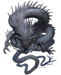  animal_focus artist_name claws curled_horns dragon full_body g.river horns looking_at_viewer monster no_humans original red_eyes simple_background solo spikes tail white_background 