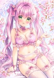 1girl :d bare_shoulders blush bow bow_bra bow_panties bra breasts cherry_blossoms cleavage commentary_request flower garter_straps green_eyes hair_between_eyes hand_up highres kouta. long_hair looking_at_viewer medium_breasts moe2023 navel open_mouth original panties pink_bra pink_flower pink_hair pink_panties sitting smile solo thighhighs twintails underwear underwear_only very_long_hair white_thighhighs wrist_cuffs rating:Sensitive score:18 user:danbooru