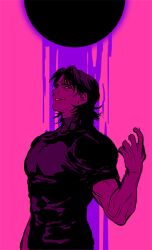  1boy arm_up black_circle black_shirt circle fate/stay_night fate_(series) j_(onjj) kotomine_kirei looking_at_viewer male_focus medium_hair monochrome muscular parted_bangs pink_background shirt smirk solo standing teeth upper_body 