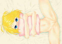  1girl absurdres anus blonde_hair blue_eyes blush highres hugging_object kagamine_rin loli looking_at_viewer lying nude on_back pillow pillow_hug pussy short_hair solo spread_legs vocaloid  rating:Explicit score:10 user:garvin