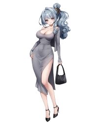  1girl :d ankkoyom bag black_footwear blush breasts closed_mouth collarbone covered_navel cropped_jacket dongtan_dress dress eversoul full_body full_moon grey_dress grey_eyes grey_hair grey_jacket hand_on_own_hip handbag high_heels highres jacket large_breasts long_hair long_sleeves meme_attire moon off_shoulder open_clothes open_jacket open_mouth parted_lips pelvic_curtain side_ponytail simple_background single_bare_shoulder smile standing white_background white_dress 