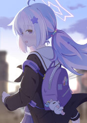 1girl ahoge backlighting backpack bag bag_charm black_coat black_neckerchief blue_archive blue_hair blue_sky blurry blurry_background blush charm_(object) coat commentary cowboy_shot from_behind hair_bobbles hair_ornament half-closed_eyes halo highres long_hair long_sleeves looking_at_viewer looking_back low_twintails midriff multicolored_hair neckerchief open_mouth outdoors pink_hair pleated_skirt purple_bag purple_eyes purple_shirt purple_skirt reisa_(blue_archive) sailor_collar school_uniform serafuku shirt skirt sky smile solo star_(symbol) star_hair_ornament stuffed_animal stuffed_toy twilight twintails two-tone_hair white_sailor_collar zundamochi_(sera) rating:General score:6 user:danbooru