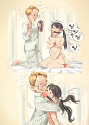 1boy 1girl ankle_cuffs bad_id bad_pixiv_id ball_gag bdsm black_eyes black_hair blonde_hair blue_eyes blush breasts brown_hair cat clothed_male_nude_female comic covering_privates covering_breasts crying cuffs gag gagged glasses hetero hjl hug kneeling long_hair looking_at_another nude on_bed original pajamas short_hair sitting sketch slave small_breasts smile tears trembling twintails wariza whip rating:Questionable score:113 user:Gaudy