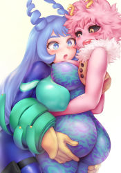 2girls :o ashido_mina ass ass_grab bare_shoulders black_sclera blue_eyes blue_hair blush bodysuit boku_no_hero_academia breast_press breasts colored_sclera colored_skin covered_erect_nipples curvy drill_hair facing_another fur_trim gloves grabbing_another&#039;s_ass hadou_nejire hands_on_ass happy highres horns huge_ass jacket large_breasts long_hair looking_at_another multiple_girls nipples open_mouth pink_hair pink_skin short_hair shpo simple_background skin_tight sleeveless smile standing teeth thick_thighs thighs tongue vest white_background wide-eyed yellow_eyes yuri rating:Questionable score:236 user:danbooru