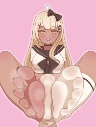  1girl absurdres artist_request barefoot blonde_hair blush bow feet foot_focus foot_pussy footjob hair_bow highres long_hair looking_at_viewer open_mouth pov sock_on_penis sockjob socks unworn_socks soles source_request steam tagme toes yellow_eyes  rating:Explicit score:95 user:ssfl