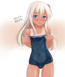  1girl ame-san blonde_hair blue_eyes blue_swimsuit cowboy_shot dated flower gradient gradient_background hair_flower hair_ornament highres kantai_collection long_hair looking_at_viewer one-piece_tan ro-500_(kancolle) school_swimsuit solo standing swimsuit swimsuit_pull tan tanline twitter_username 