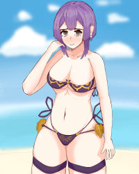  1girl absurdres beach bernadetta_von_varley bikini breasts cleavage eetososhite fire_emblem fire_emblem:_three_houses grey_eyes highres large_breasts nintendo purple_hair side-tie_bikini_bottom sky smile solo swimsuit thick_thighs thighs  rating:Questionable score:8 user:Eetososhite