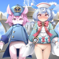  2girls :3 animal_ears blue_hair blue_headwear blush bottomless bow bowtie cleft_of_venus cowboy_shot exhibitionism female_focus genshin_impact gloves groin heart highres legs_together loli long_sleeves looking_at_viewer melusine_(genshin_impact) multiple_girls no_panties outdoors public_indecency purple_eyes purple_hair pussy red_bow red_eyes rena_(riries) short_hair short_twintails sigewinne_(genshin_impact) snout standing thigh_gap thighs twintails uncensored white_gloves white_headwear 