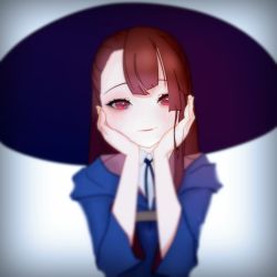 1girl brown_hair closed_mouth hair_between_eyes hair_over_one_eye hat highres kagari_atsuko little_witch_academia looking_at_viewer red_eyes simple_background smile solo witch_hat rating:Sensitive score:10 user:danbooru