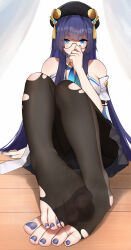  1girl arm_support bare_legs bare_shoulders black_hat black_pantyhose black_shorts black_skirt blue_eyes blue_nails blunt_bangs blunt_ends breasts chinese_commentary commentary_request feet foot_focus foreshortening full_body glasses greek_toe hair_ornament hand_up hat hat_ornament honkai:_star_rail honkai_(series) knees_up large_breasts legs legs_together long_hair looking_at_viewer miniskirt nail_polish no_shoes on_floor paid_reward_available pantyhose pela_(honkai:_star_rail) pleated_skirt purple_hair purple_nails see-through see-through_legwear shadow shorts sitting skirt solo strapless tassel toenail_polish toenails toes torn_clothes torn_pantyhose very_long_hair wd_(1106592840) 